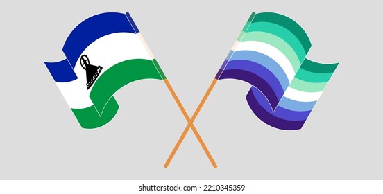 Crossed and waving flags of Lesotho and gay men pride. Vector illustration

