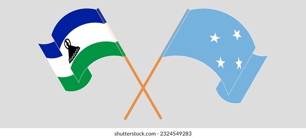 Crossed and waving flags of Lesotho and Micronesia. Vector illustration
