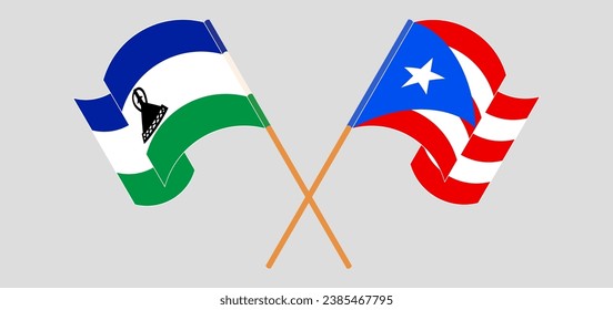 Crossed and waving flags of Lesotho and Puerto Rico. Vector illustration
