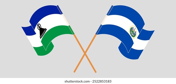 Crossed and waving flags of Lesotho and Republic of El Salvador. Vector illustration.
