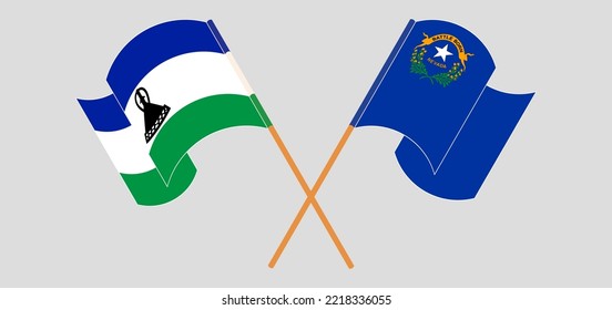 Crossed and waving flags of Lesotho and The State of Nevada. Vector illustration
