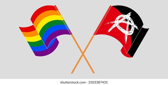 Crossed and waving flags of LGBTQ and Anarchy. Vector illustration
