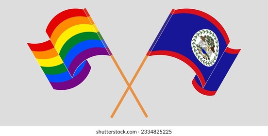 Crossed and waving flags of LGBTQ and Belize. Vector illustration
