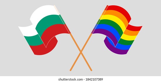 Crossed and waving flags of LGBTQ and Bulgaria