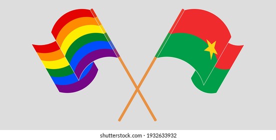 Crossed and waving flags of LGBTQ and Burkina Faso