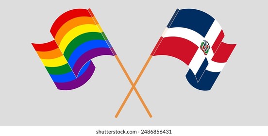 Crossed and waving flags of LGBTQ and Dominican Republic. Vector illustration
