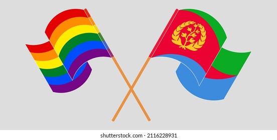 Crossed and waving flags of LGBTQ and Eritrea. Vector illustration
