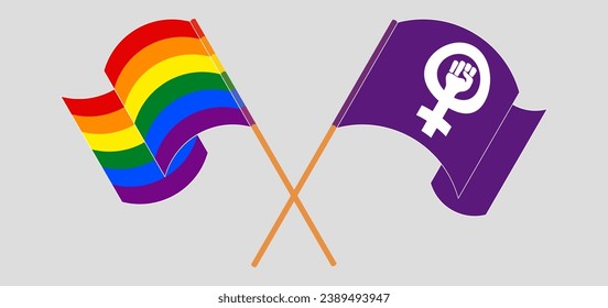 Crossed and waving flags of LGBTQ and Feminism. Vector illustration
