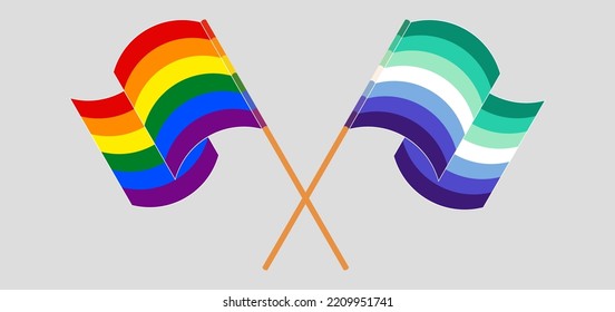 Crossed and waving flags of LGBTQ and gay men pride. Vector illustration
