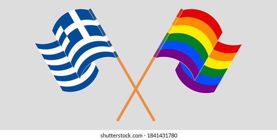 Crossed and waving flags of LGBTQ and Greece