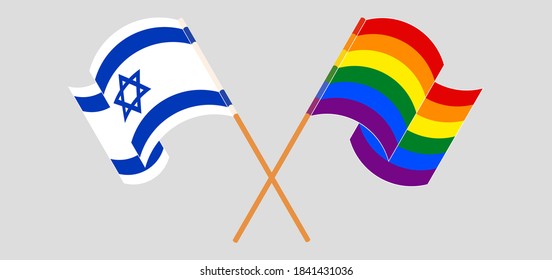 Crossed and waving flags of LGBTQ and Israel