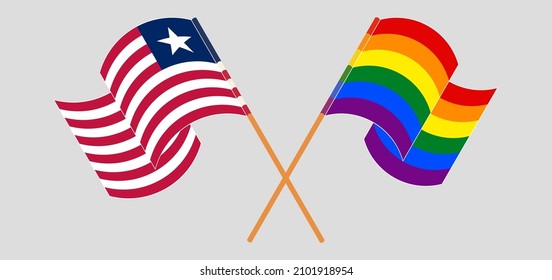 Crossed and waving flags of LGBTQ and Liberia. Vector illustration
