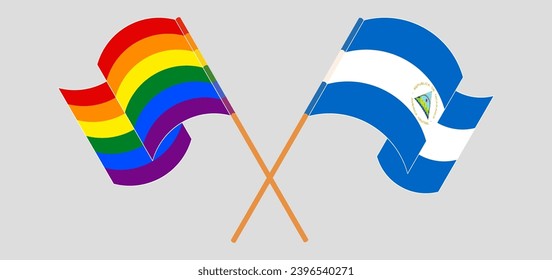 Crossed and waving flags of LGBTQ and Nicaragua. Vector illustration
