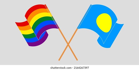 Crossed and waving flags of LGBTQ and Palau. Vector illustration
