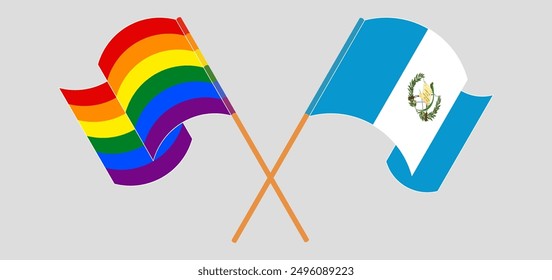 Crossed and waving flags of LGBTQ and Republic of Guatemala. Vector illustration
