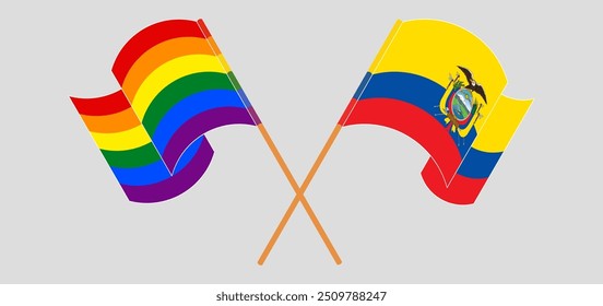 Crossed and waving flags of LGBTQ and Republic of Ecuador. Vector illustration
