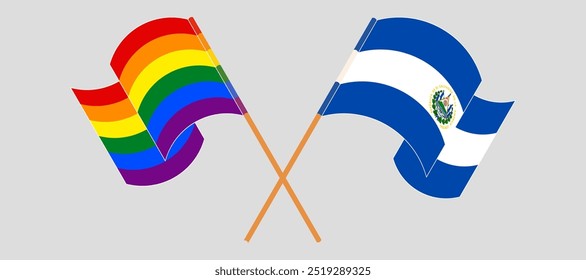 Crossed and waving flags of LGBTQ and Republic of El Salvador. Vector illustration.
