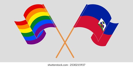 Crossed and waving flags of LGBTQ and Republic of Haiti. Vector illustration.
