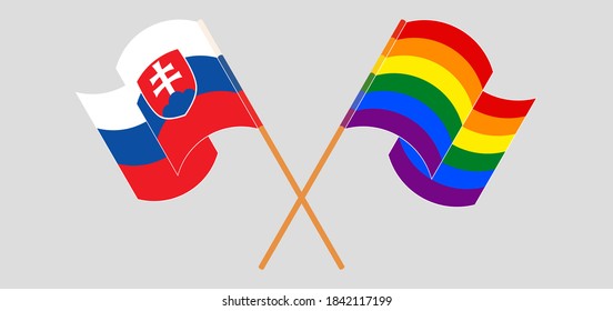 Crossed and waving flags of LGBTQ and Slovakia