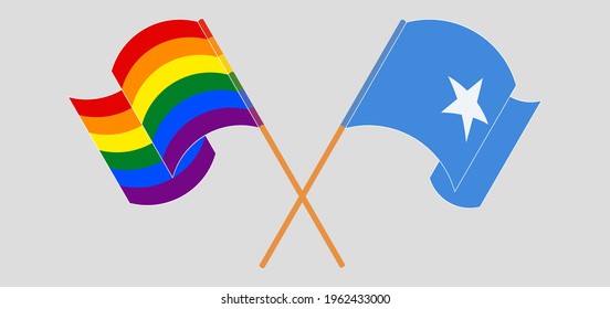 Crossed and waving flags of LGBTQ and Somalia