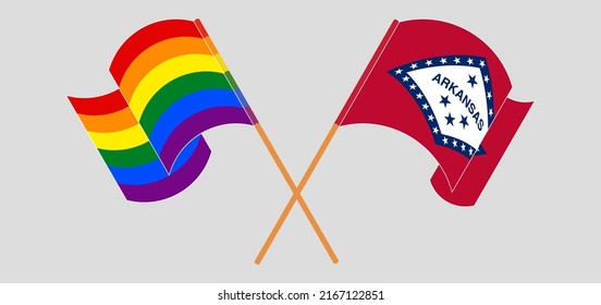 Crossed and waving flags of LGBTQ and The State of Arkansas. Vector illustration
