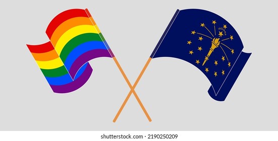 Crossed and waving flags of LGBTQ and the State of Indiana. Vector illustration
