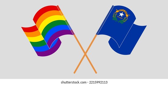 Crossed and waving flags of LGBTQ and The State of Nevada. Vector illustration

