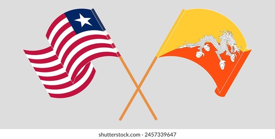 Crossed and waving flags of Liberia and Bhutan. Vector illustration
