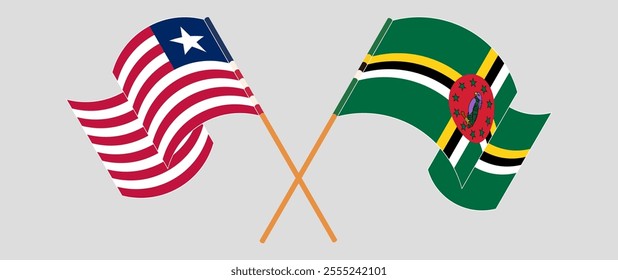 Crossed and waving flags of Liberia and Dominica. Vector illustration.
