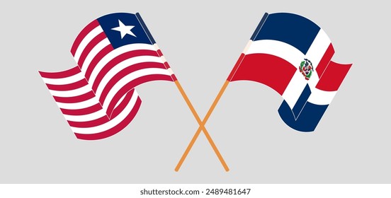 Crossed and waving flags of Liberia and Dominican Republic. Vector illustration
