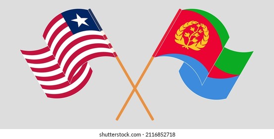 Crossed and waving flags of Liberia and Eritrea. Vector illustration
