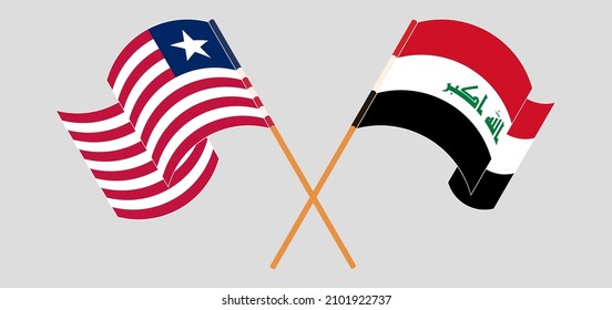 Crossed and waving flags of Liberia and Iraq. Vector illustration
