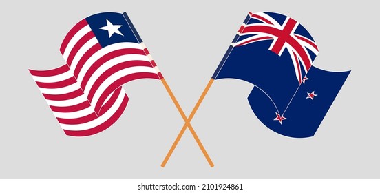 Crossed and waving flags of Liberia and New Zealand. Vector illustration

