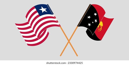 Crossed and waving flags of Liberia and Papua New Guinea. Vector illustration
