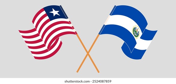 Crossed and waving flags of Liberia and Republic of El Salvador. Vector illustration.
