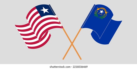 Crossed and waving flags of Liberia and The State of Nevada. Vector illustration
