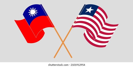 Crossed and waving flags of Liberia and Taiwan. Vector illustration
