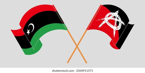 Crossed and waving flags of Libya and Anarchy. Vector illustration
