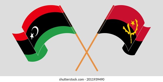 Crossed and waving flags of Libya and Angola. Vector illustration