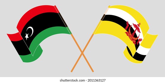 Crossed and waving flags of Libya and Brunei