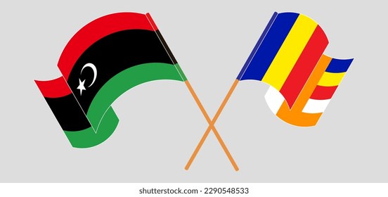 Crossed and waving flags of Libya and Buddhism. Vector illustration
