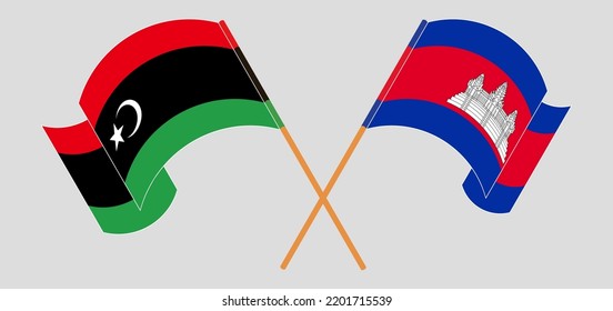 Crossed and waving flags of Libya and Cambodia. Vector illustration
