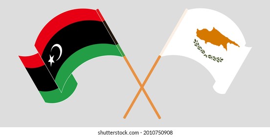 Crossed and waving flags of Libya and Cyprus