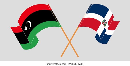 Crossed and waving flags of Libya and Dominican Republic. Vector illustration
