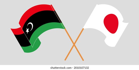 Crossed and waving flags of Libya and Japan