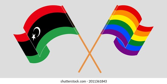 Crossed and waving flags of Libya and LGBTQ