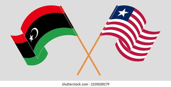 Crossed and waving flags of Libya and Liberia. Vector illustration
