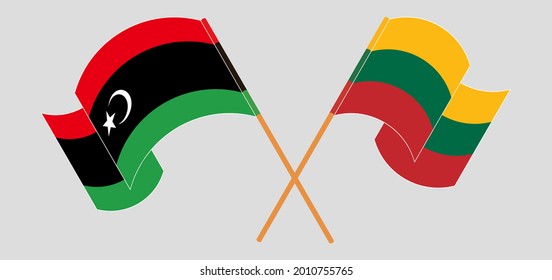 Crossed and waving flags of Libya and Lithuania