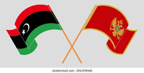 Banderas cruzadas y ondeando banderas de Libia y Montenegro