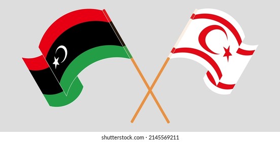 Crossed and waving flags of Libya and Northern Cyprus. Vector illustration
